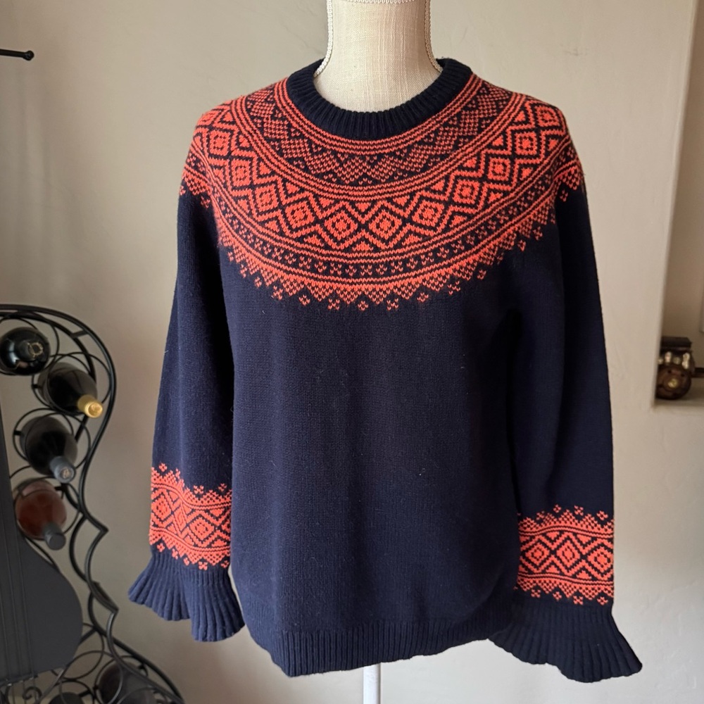 J. Crew Womens Navy Blude Wool Blend Knit Crewneck Sweater with Bell Sleeve Sz M